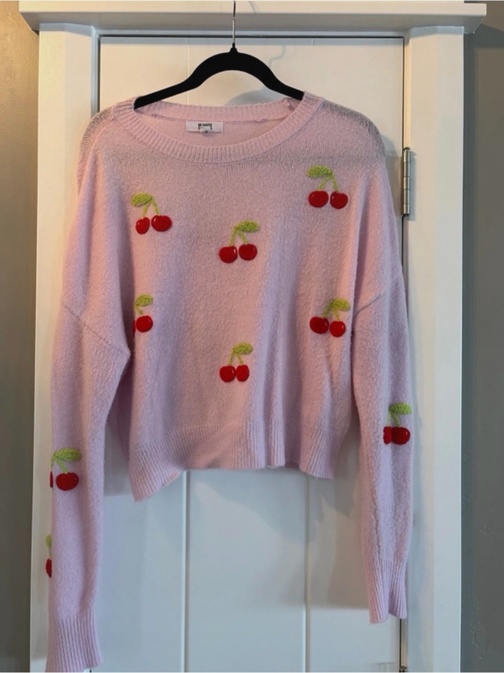 BB Dakota Pink Cherry Embroidered Crewneck Sweater